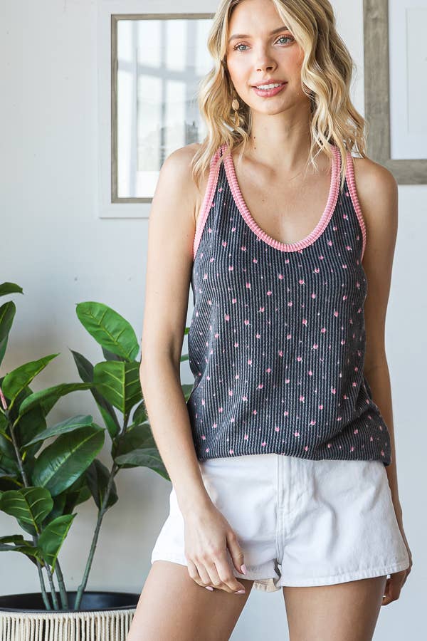 PLUS SIZE Floral Rib Scoop Neckline Tank Top: Charcoal/Pink, 1X