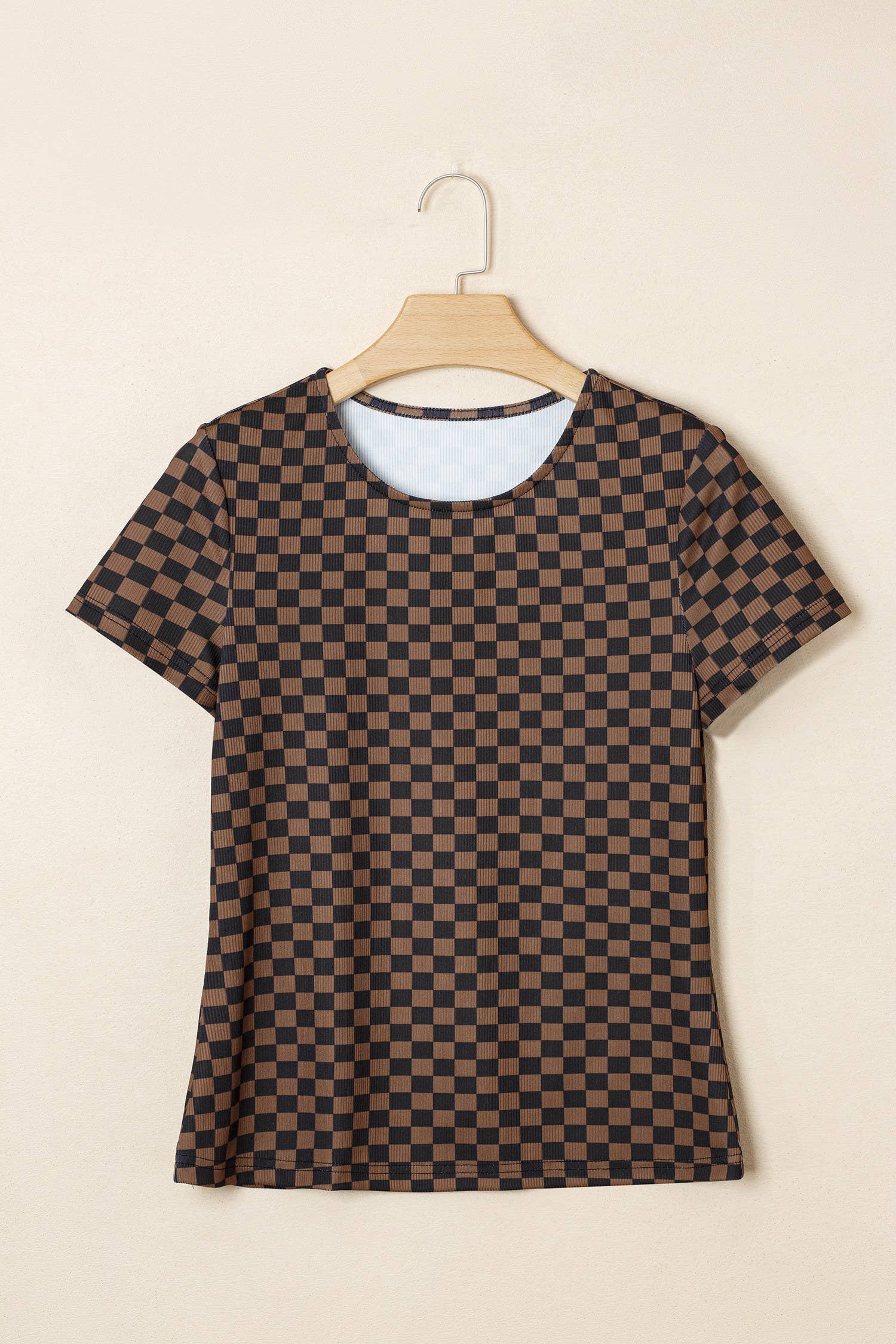 Checkerboard Round Neck Summer T Shirt: Black, L