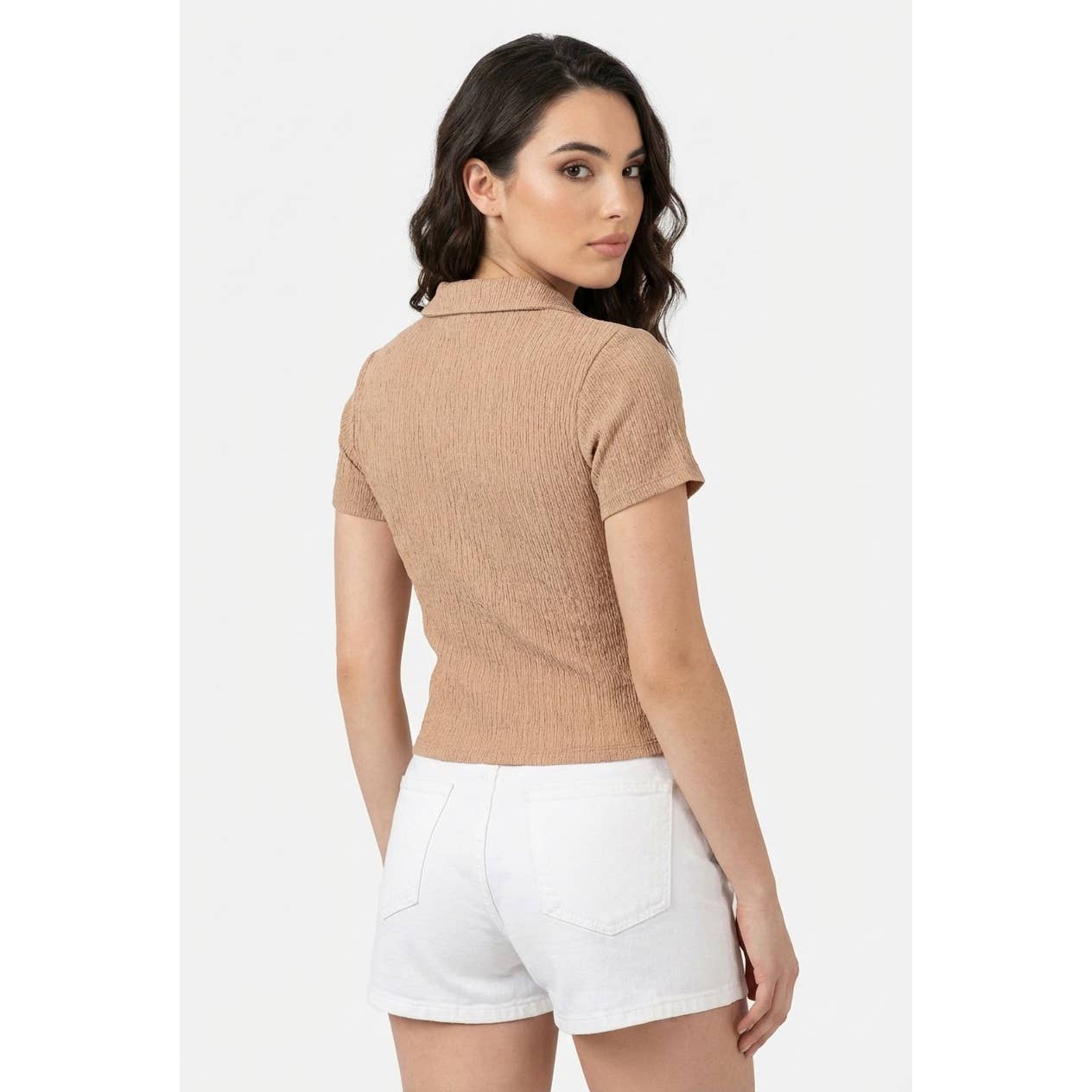 Crinkle Knit Button Front Top: TAN