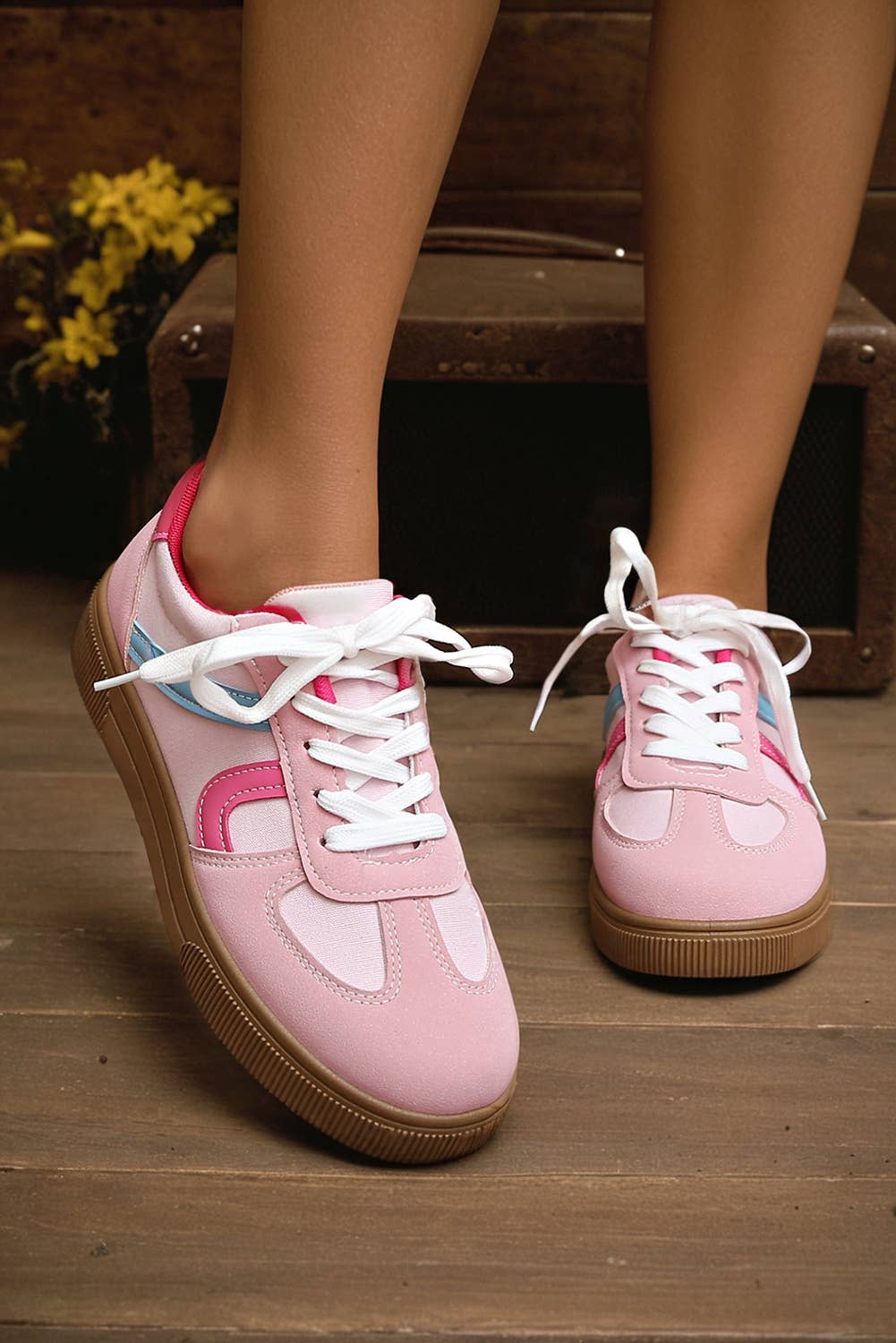 Color Block PU Leather Lace Up Shoes: Pink, 10