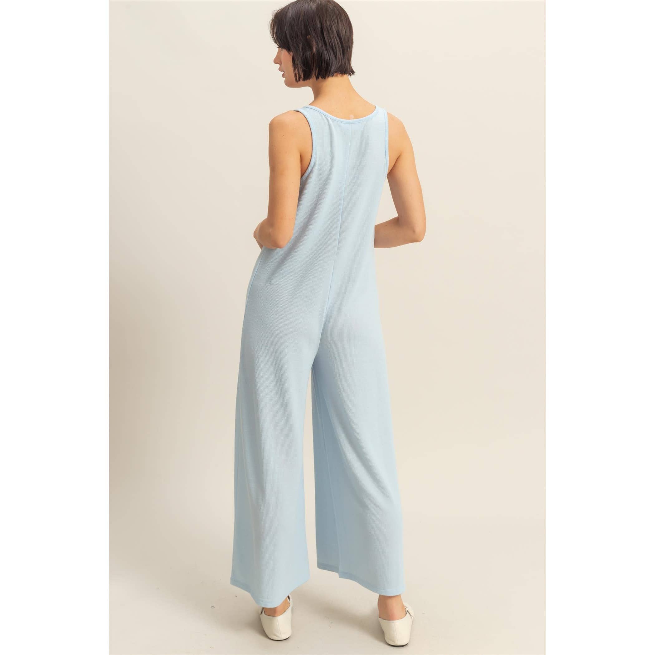 V-Neck Sleeveless Wide Leg Jumpsuit: ICE BLUE