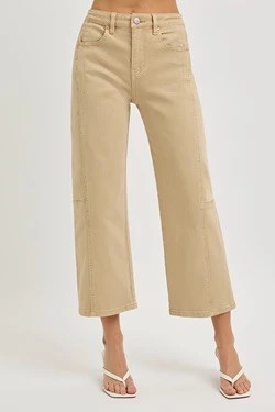 HIGH RISE CROP WIDE BARREL PANTS-LATTE
