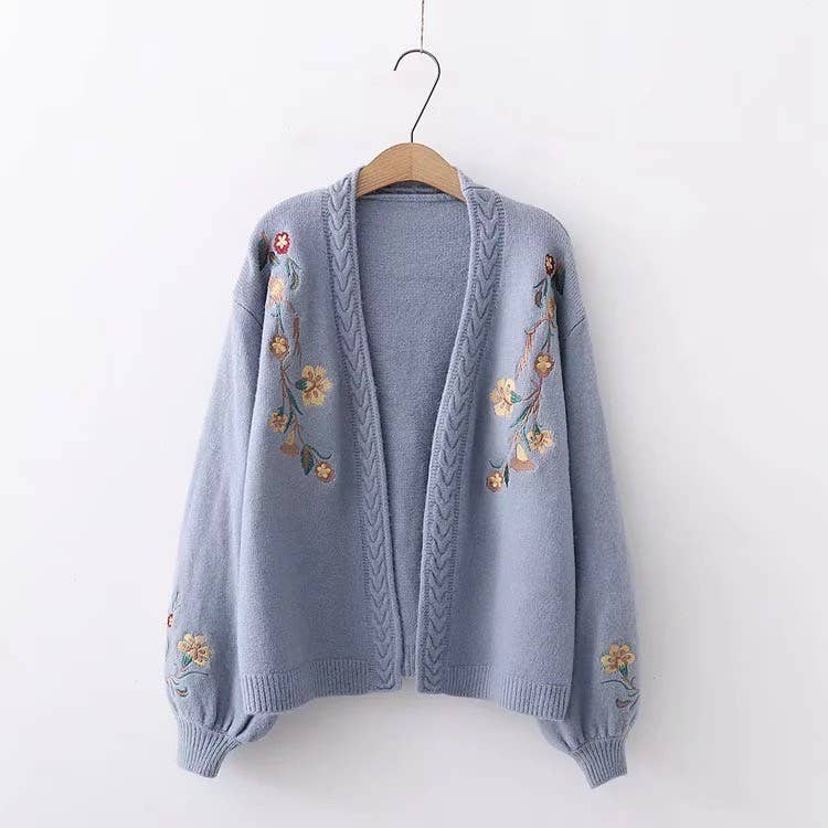 Floral knit cardigan: Blue, M