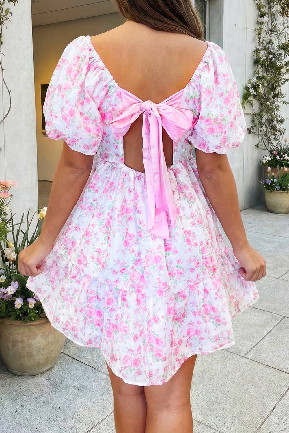 Floral Print Square Neck Ribbon Knot Back Mini Dress: Pink, M