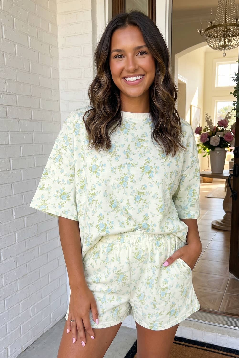 Floral Oversized Tee and Shorts Set: Sky Blue, L
