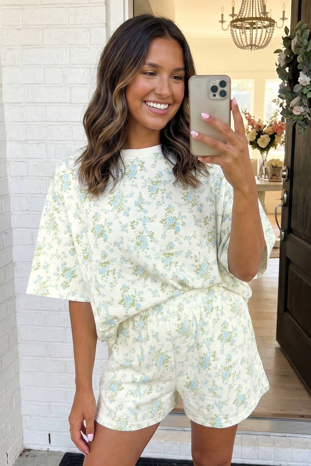 Floral Oversized Tee and Shorts Set: Sky Blue, L