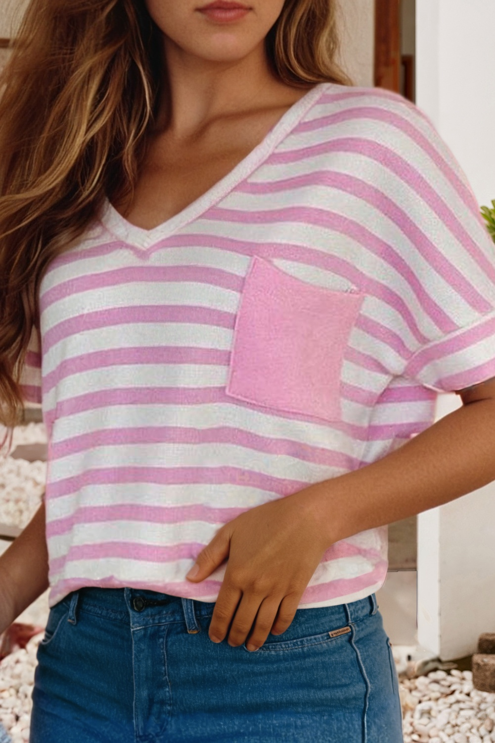 Plus Stripe V Neck Patched Pocket T Shirt: Pink Stripe, 1X