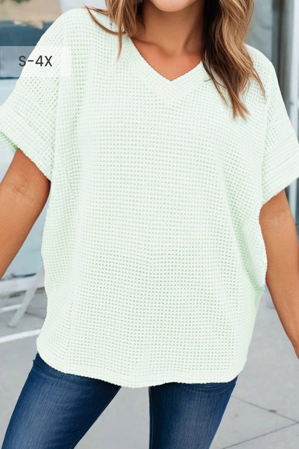Plus Size Waffle V Neck Short Sleeve Top: Aqua, 1X