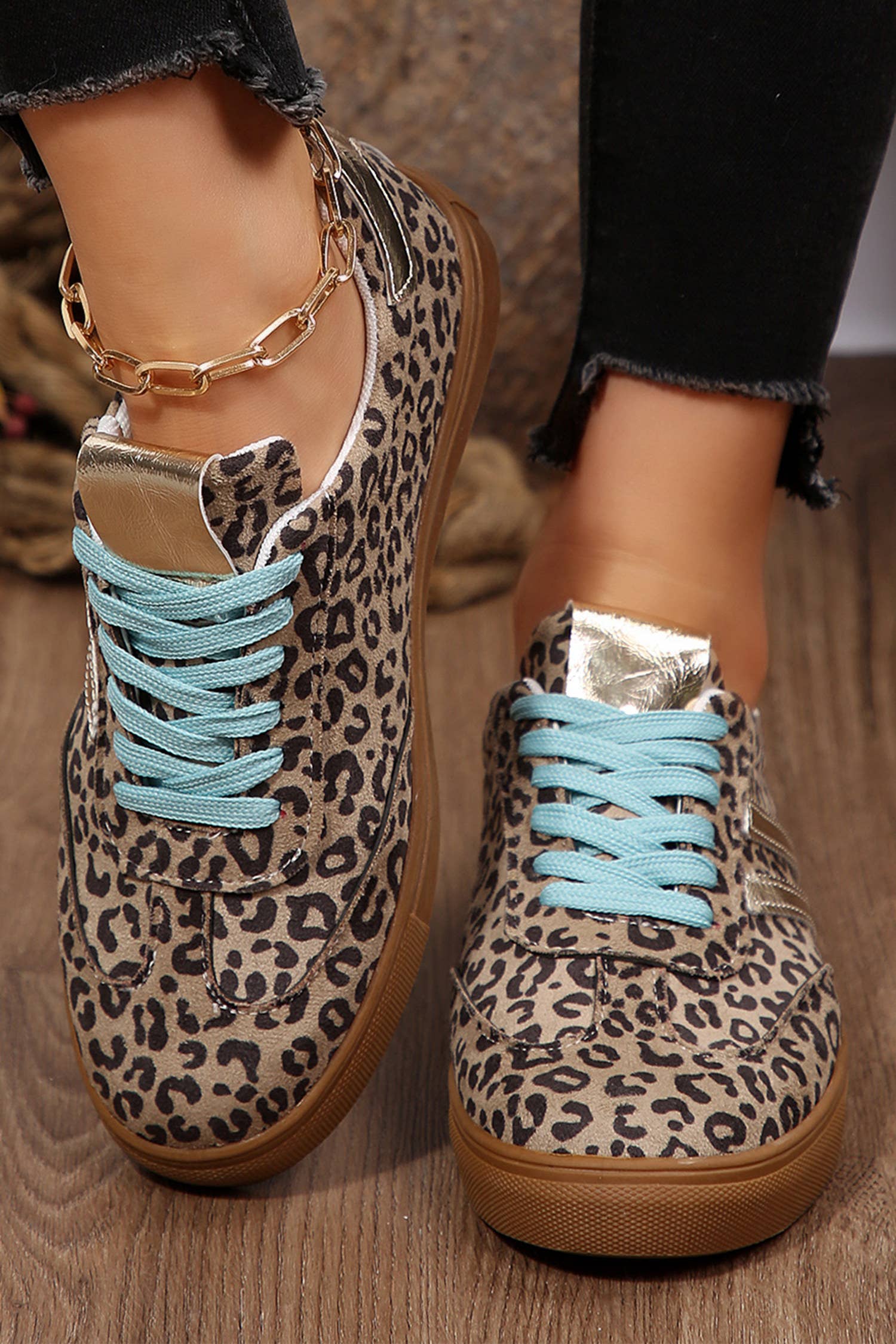 Leopard Print Sleek PU Leather Detail Lace Up Sneakers: Brown, 6