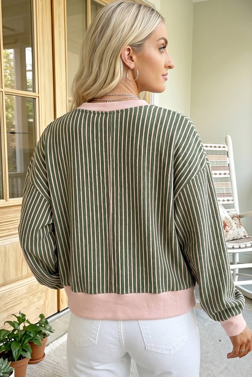 Striped V Neck Cardigan: Green, L