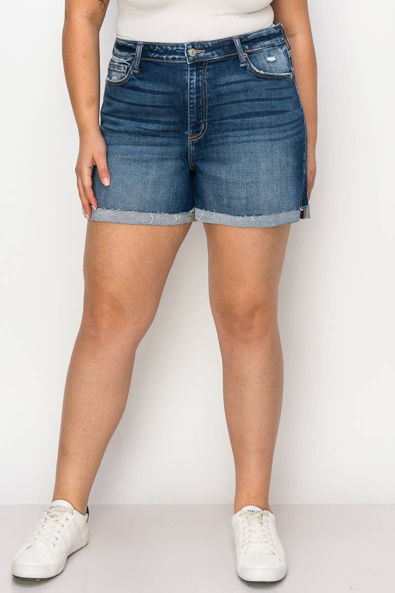 PLUS SIZE - HIGH RISE STRETCH MIDI CUFF SHORT: DARK, 16