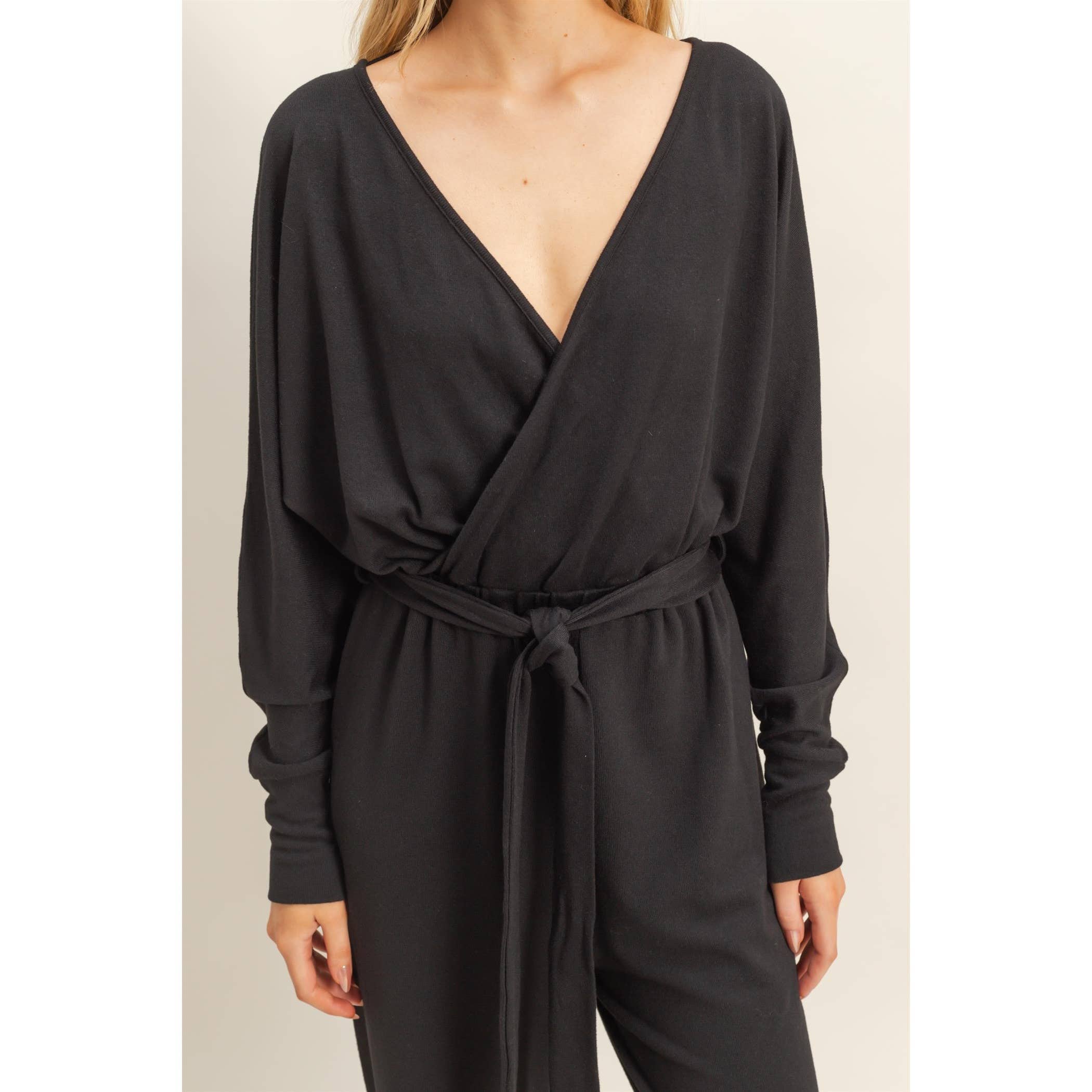 Lightweight Surplice Tie-Belt Knit Jumpsuit: BLACK, S-M-L(2-2-2)