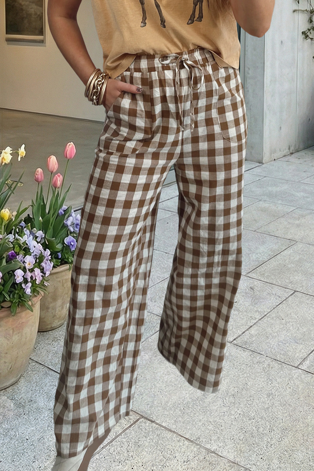 Plaid Print High Waist Straight Leg Pants, Brown, Missy, L