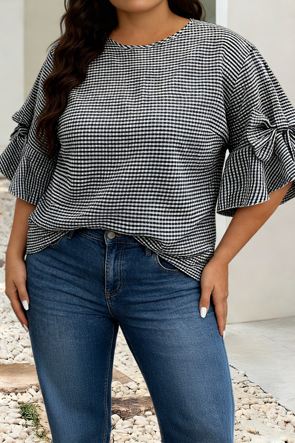 Plus Plaid Bow Bell Sleeve Round Neck Top: Black, 1X