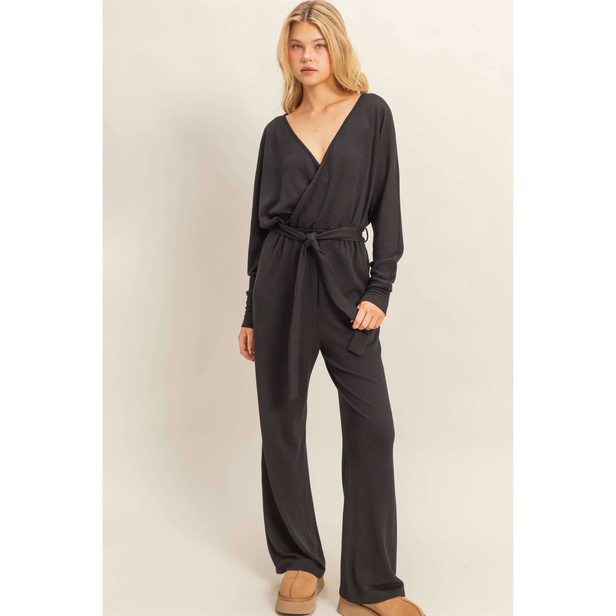 Lightweight Surplice Tie-Belt Knit Jumpsuit: BLACK, S-M-L(2-2-2)
