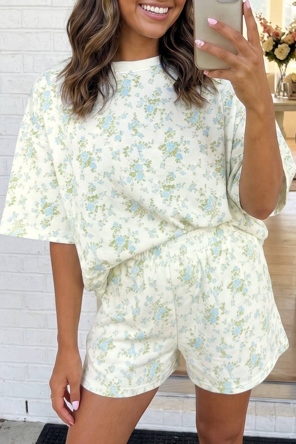 Floral Oversized Tee and Shorts Set: Sky Blue, L
