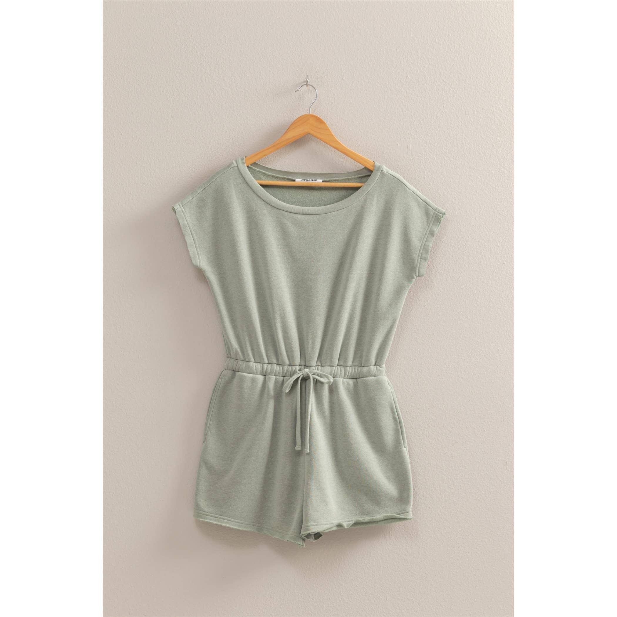 Cap Sleeve Drawstring Waist Romper: SAGE GREEN