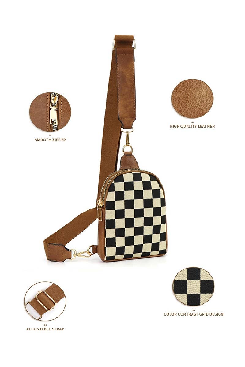 Checkered Crossbody Sling Bag-BLACK, OS
