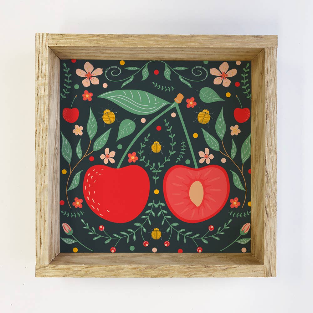 Folk Art Cherry - Cute Cherry Canvas Art - Wood Framed: 6x6" Mini Canvas Art with Wood Box Frame