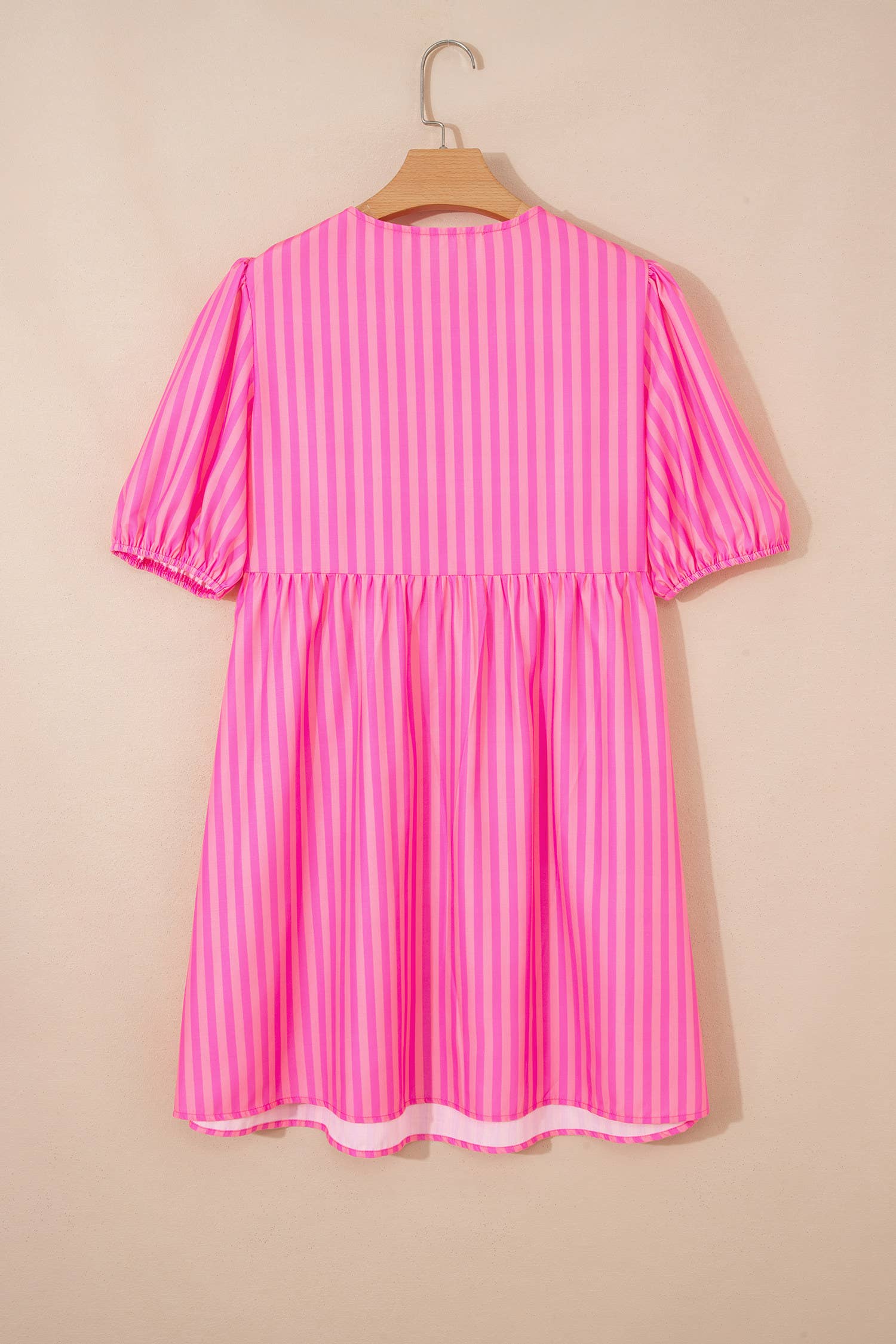 Striped Print Bow Short Puff Sleeve Mini Dress: Pink, L