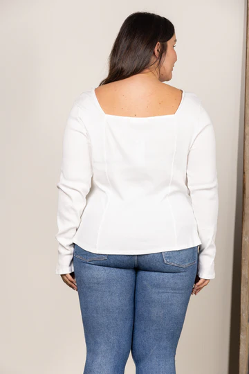 WHITE SQUARE NECK RIBBED KNIT LONG SLEEVES PLUS SIZE TOP: White, 2XL