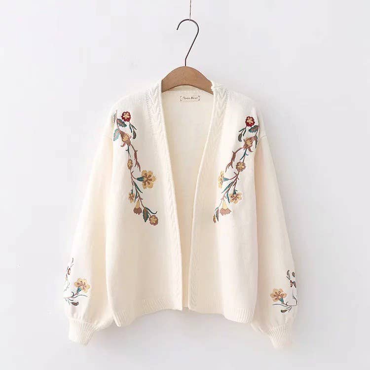 Floral knit cardigan: Cream, L