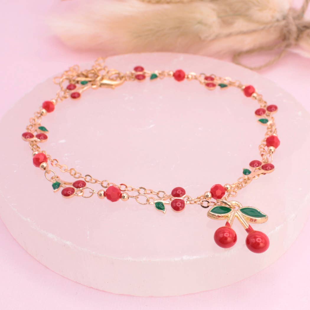 Cherry Pair Gold Cherries Charm Anklet Set
