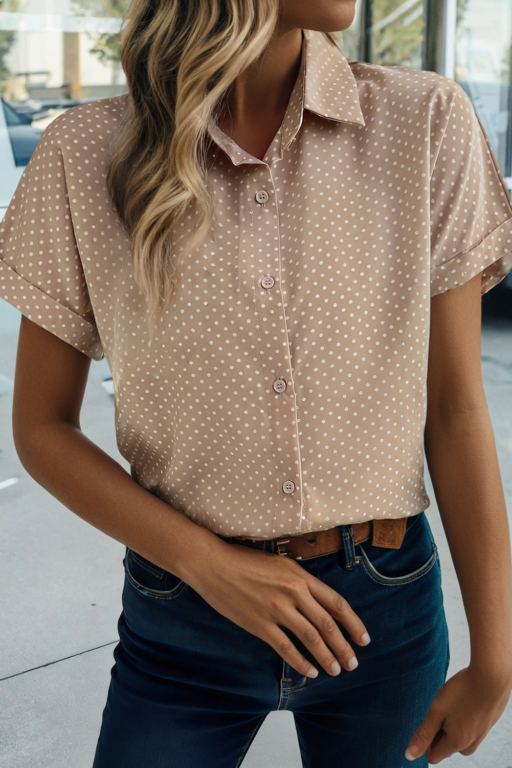 Dotted Print Cuffed Short Sleeve Shirt (S-XL): Pink, Missy, M