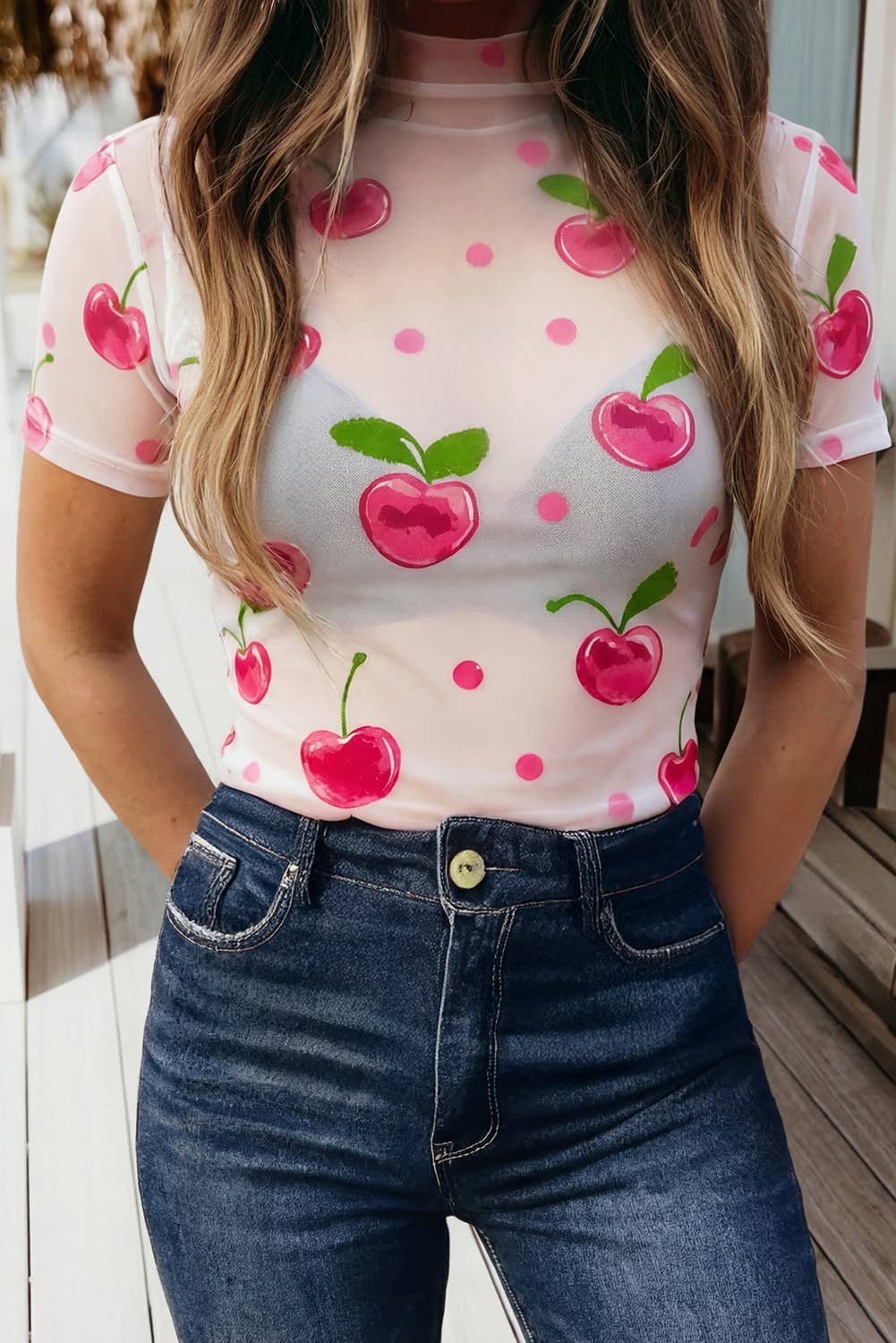 Cherry and Dot Print Mesh Patchwork Short Sleeve Tee: White, L