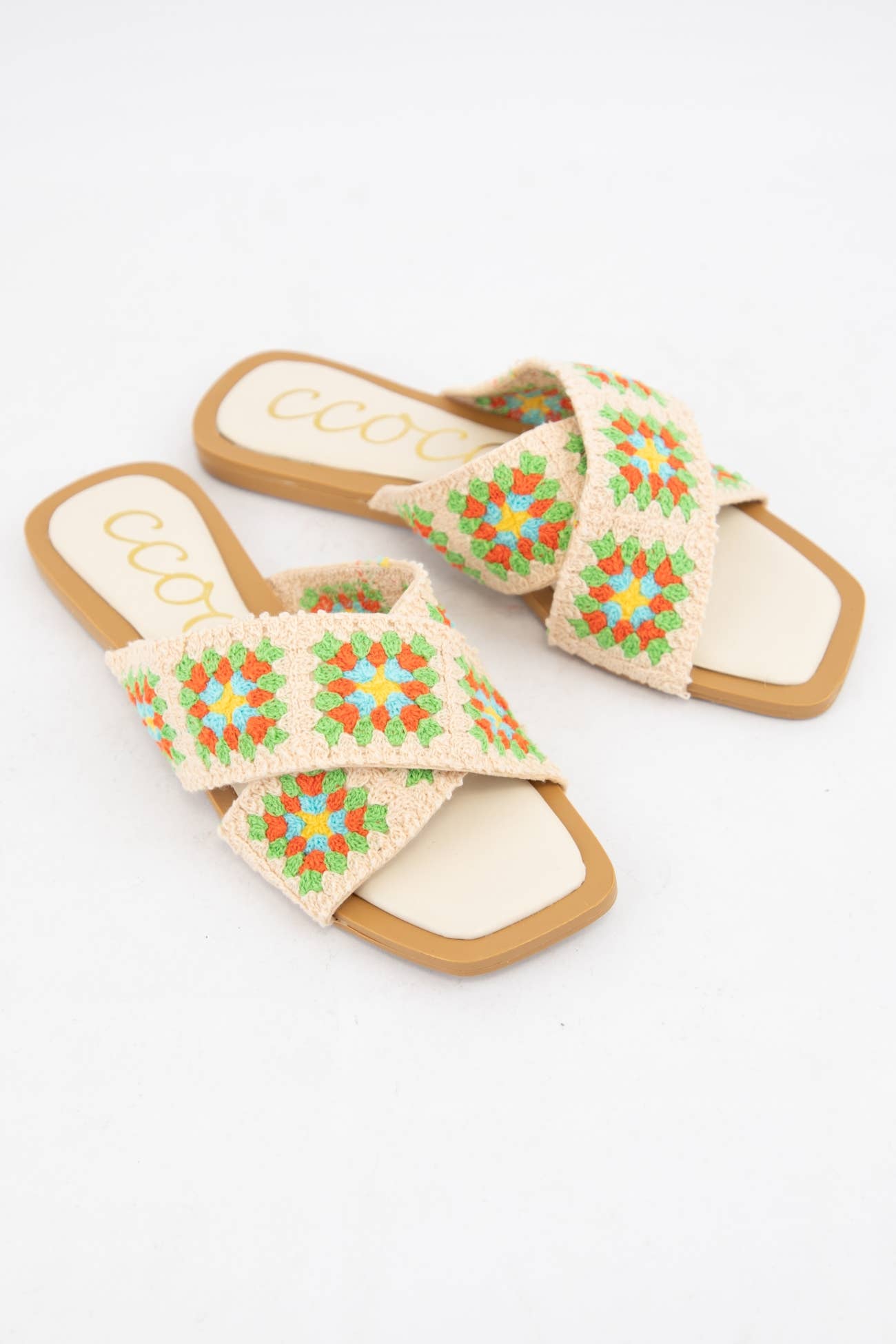 HAYDEN Crochet Granny Square Cross Strap Flat Sandals: GREEN