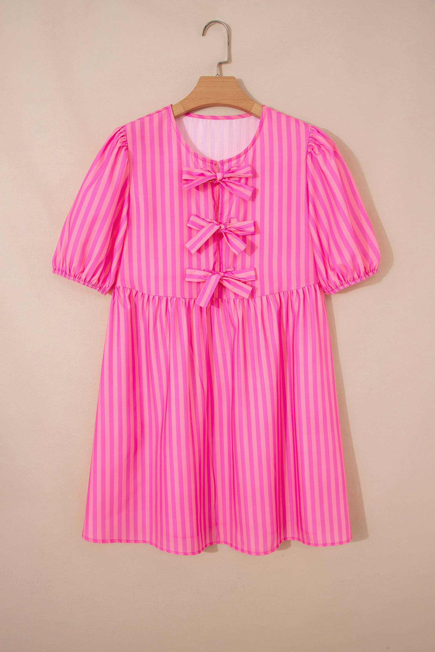 Striped Print Bow Short Puff Sleeve Mini Dress: Pink, L