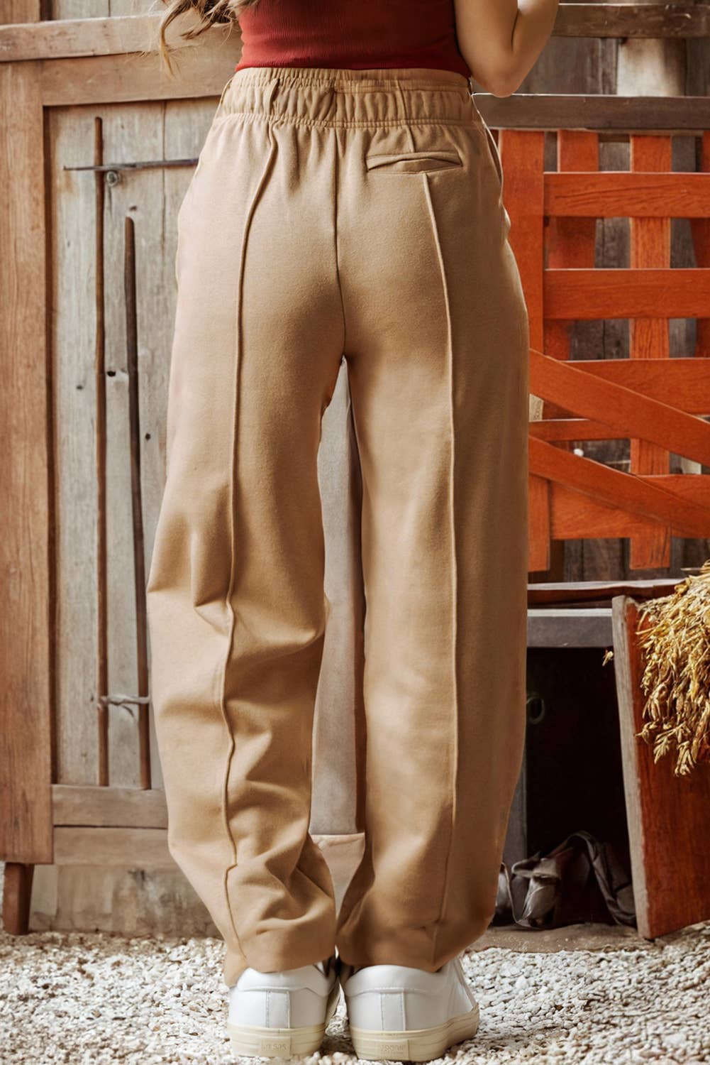Exposed Seam Drawstring High Waist Wide Leg Pants: L