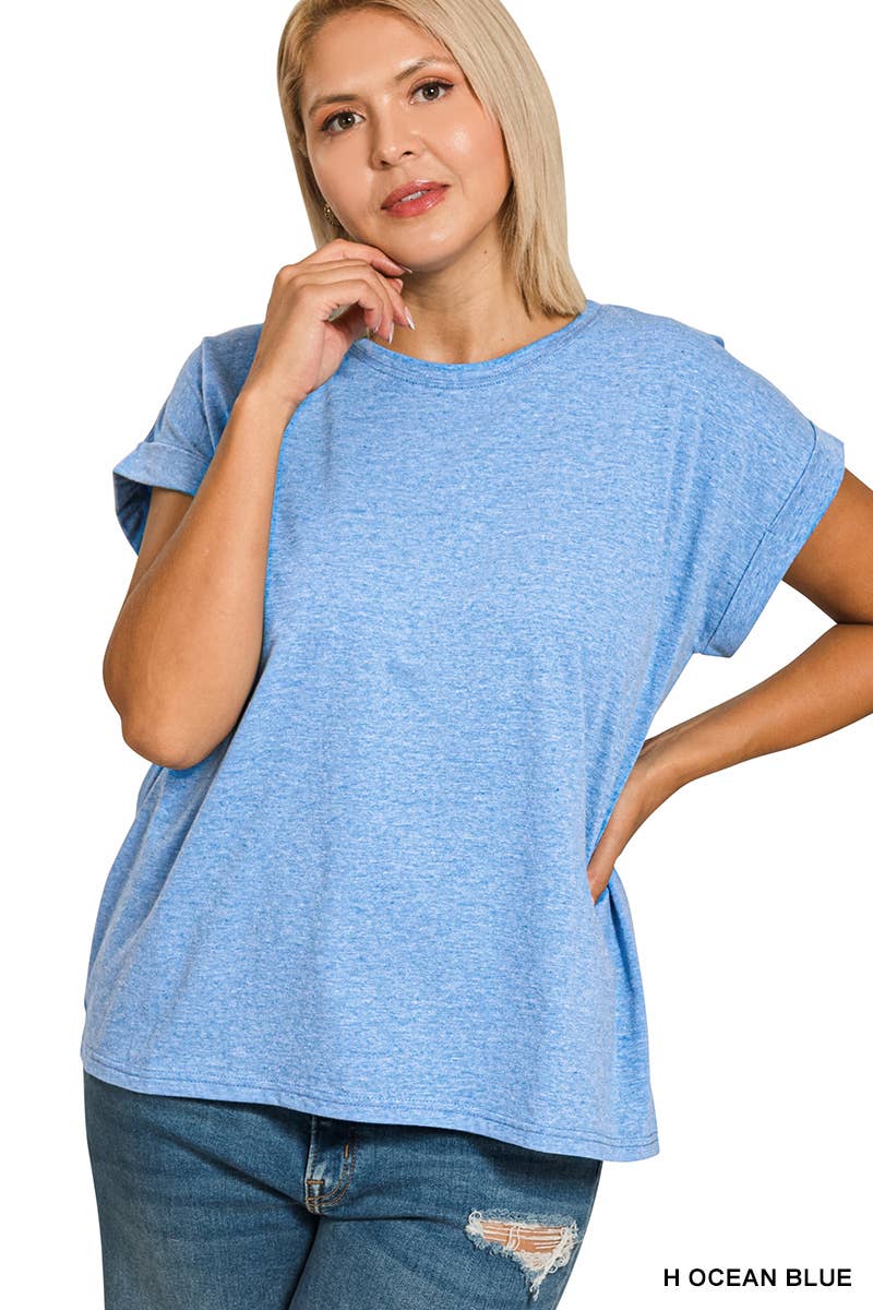 Plus size Folded Sleeve T Shirt: OCEAN BLUE, 2X
