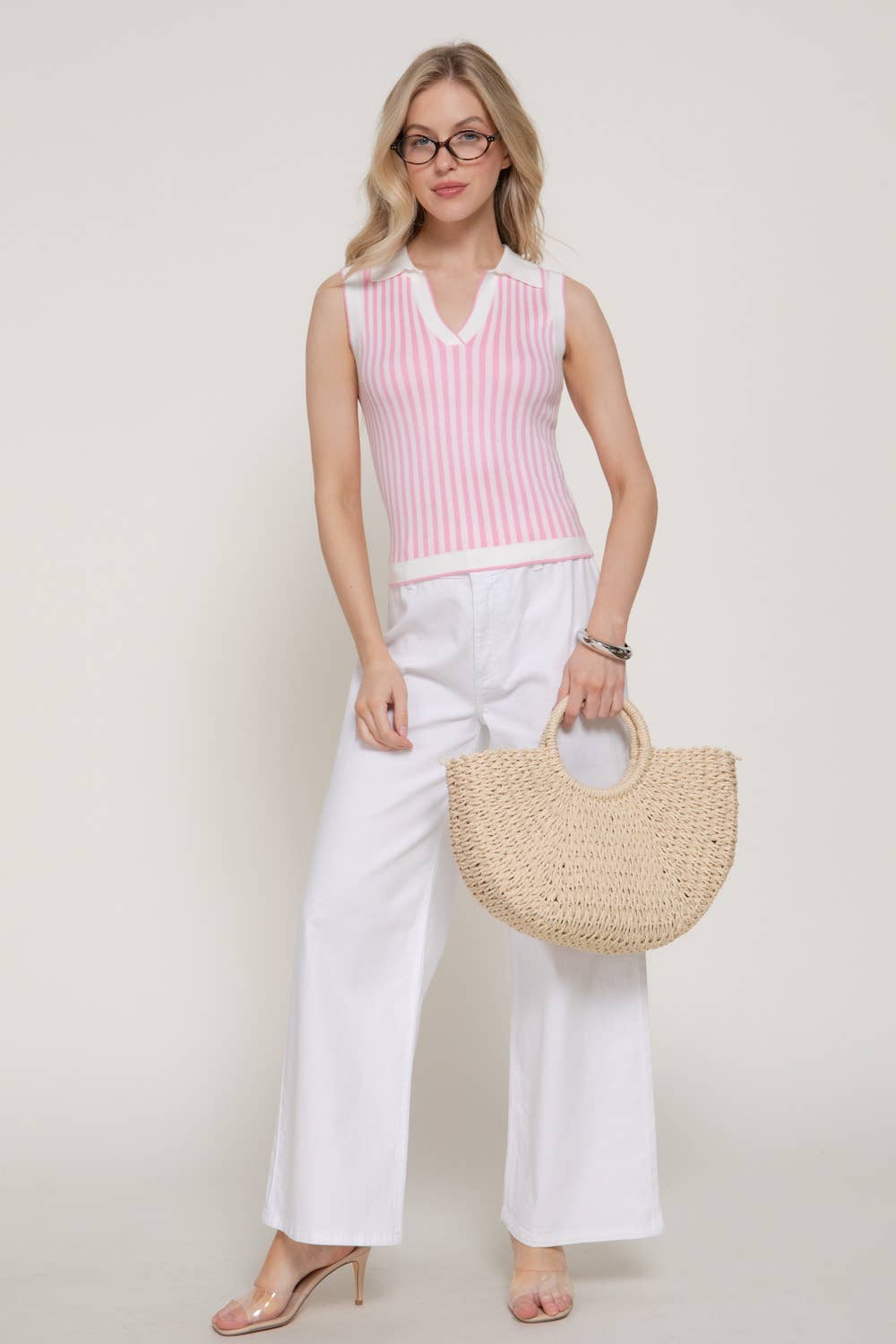 Sleeveless Vertical Striped Sweater Top: PNK-off white/pink, L