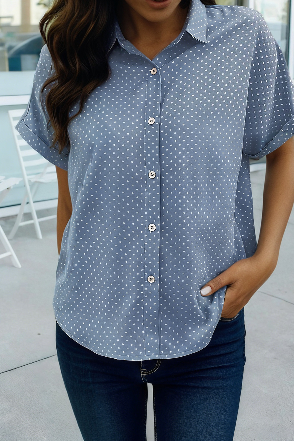 Dotted Print Cuffed Short Sleeve Shirt (S-XL): Pink, Missy, M