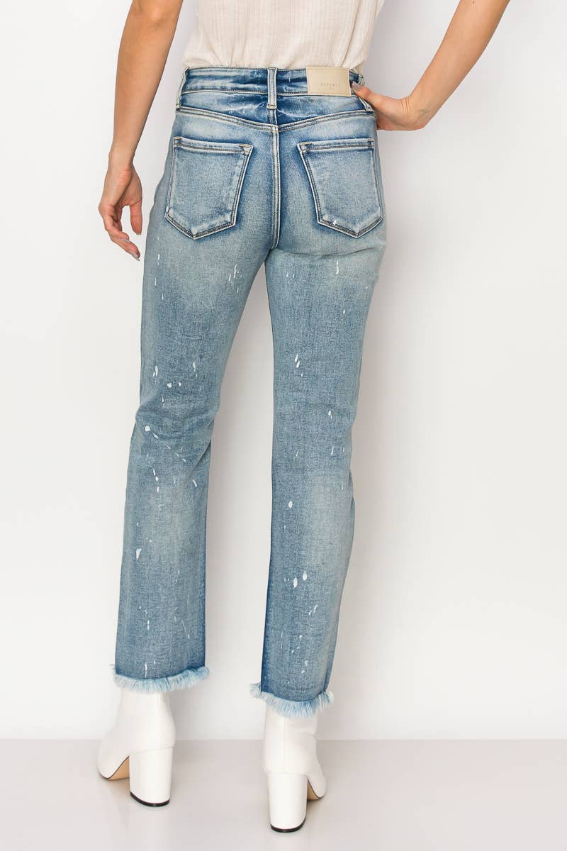 HIGH RISE DISTRESSED STRAIGHT WITH FRAY HEM JEANS: MEDIUM, 11