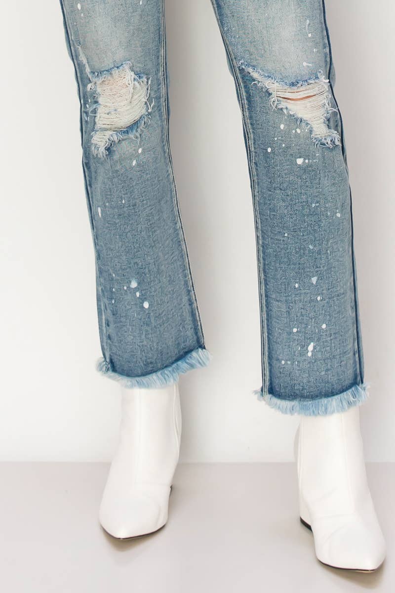 HIGH RISE DISTRESSED STRAIGHT WITH FRAY HEM JEANS: MEDIUM, 11