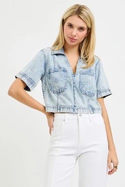 Denim SHORT SLEEVE V NECK SHIRT - Acid Light
