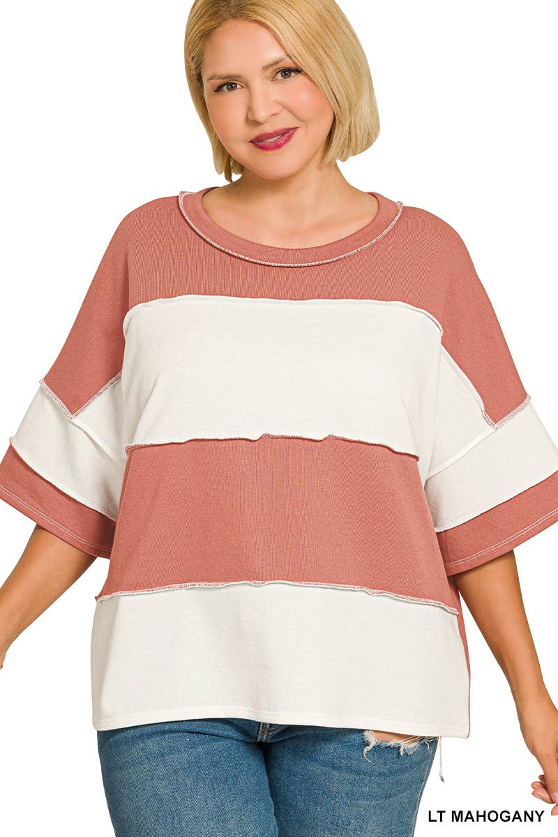 Plus Color Block Exposed Seam Top: LT MAHOGANY