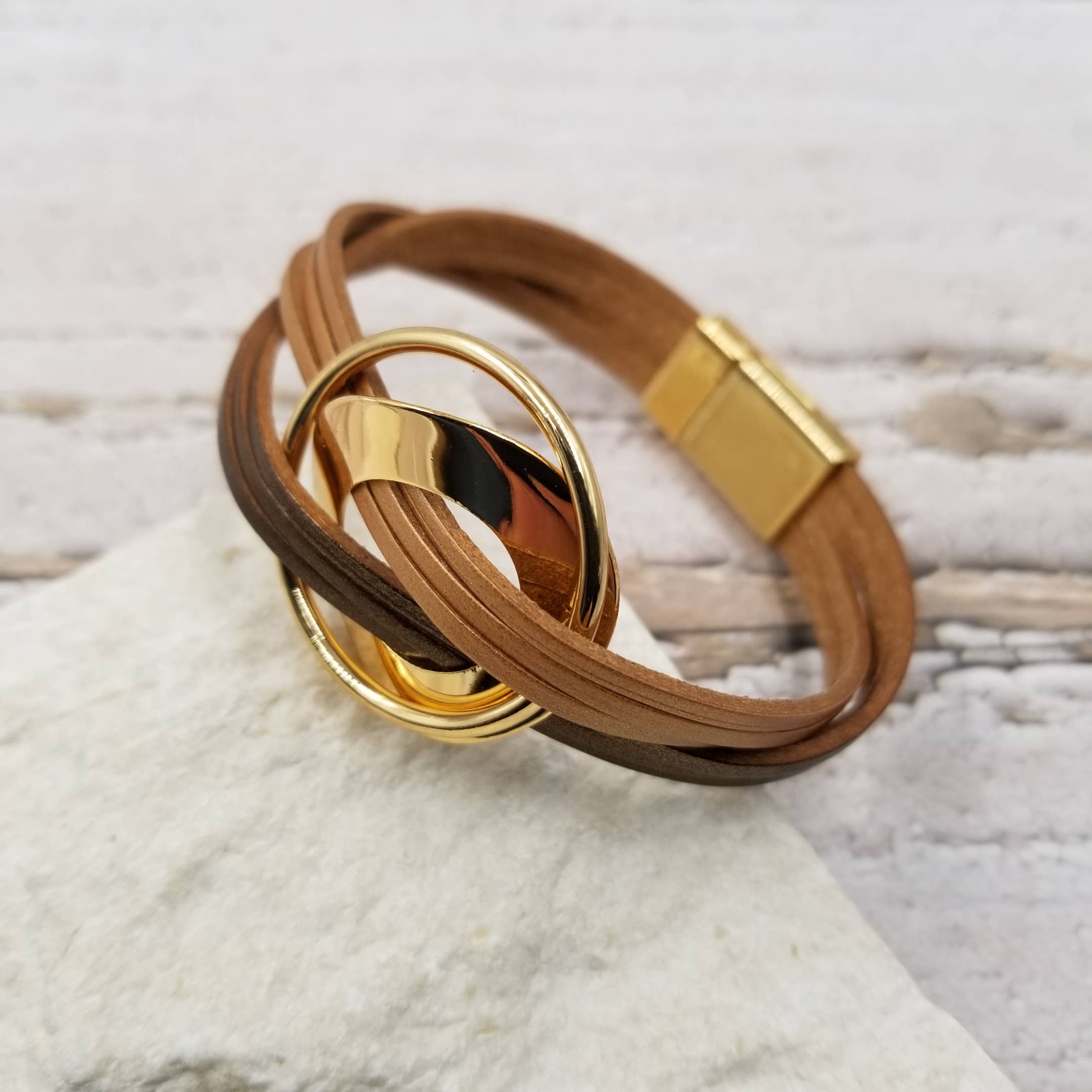 Cross Loop Stack Leather Magnetic Bracelet: Brown