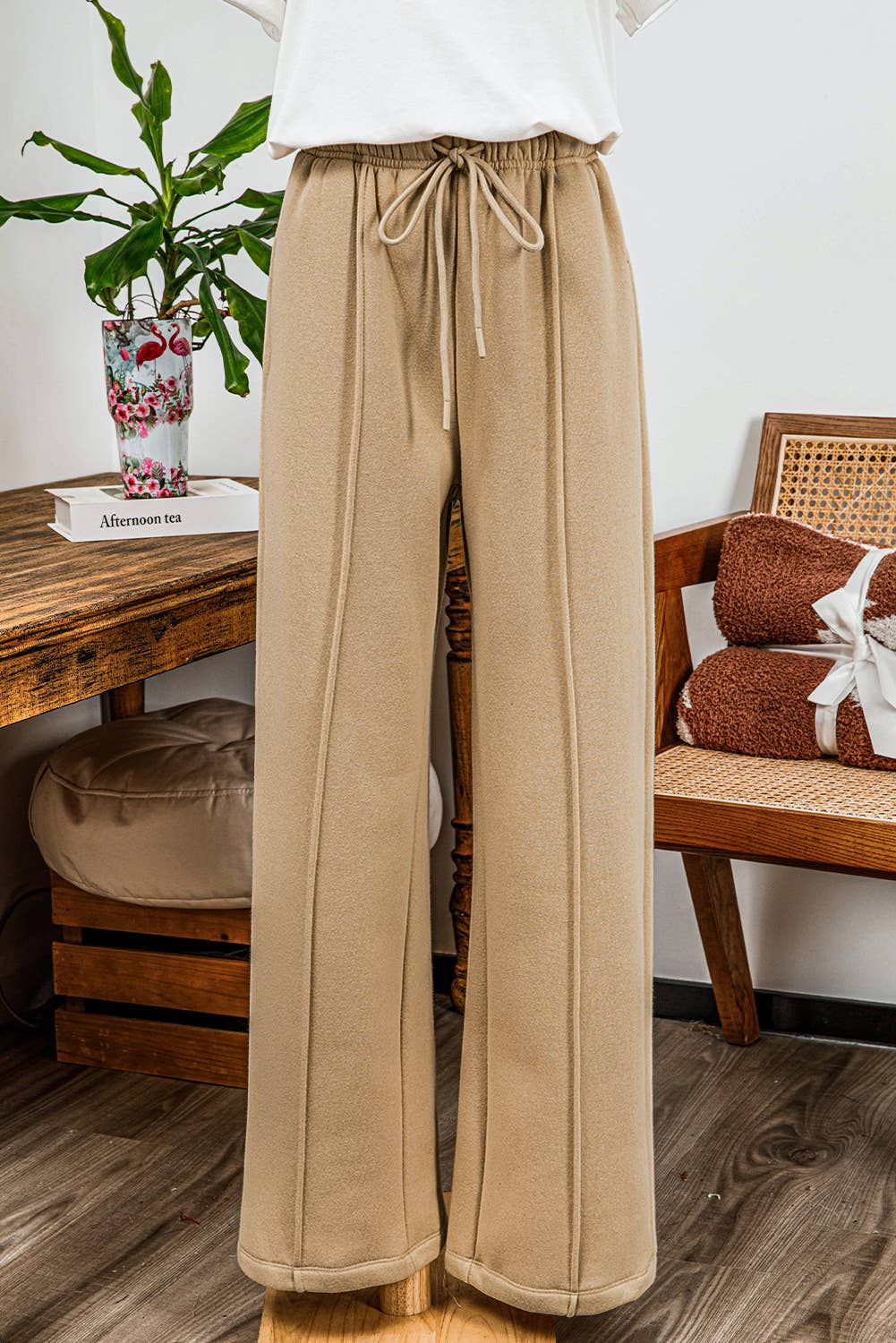 Exposed Seam Drawstring High Waist Wide Leg Pants: L