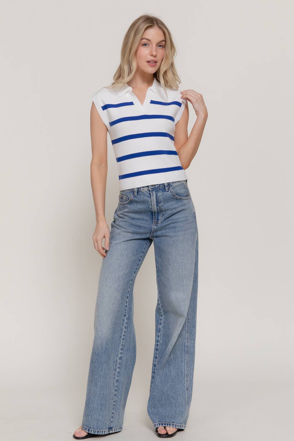 Sleeveless Stripe Polo Spring Sweater: PNK-white/blush, L
