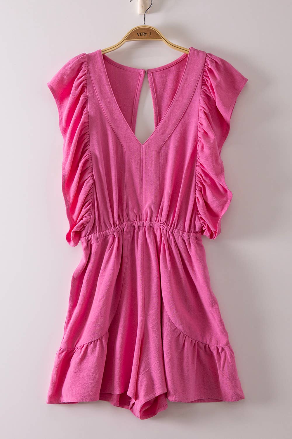 Back Cutout Detail Ruffled Sleeve Romper: Sky