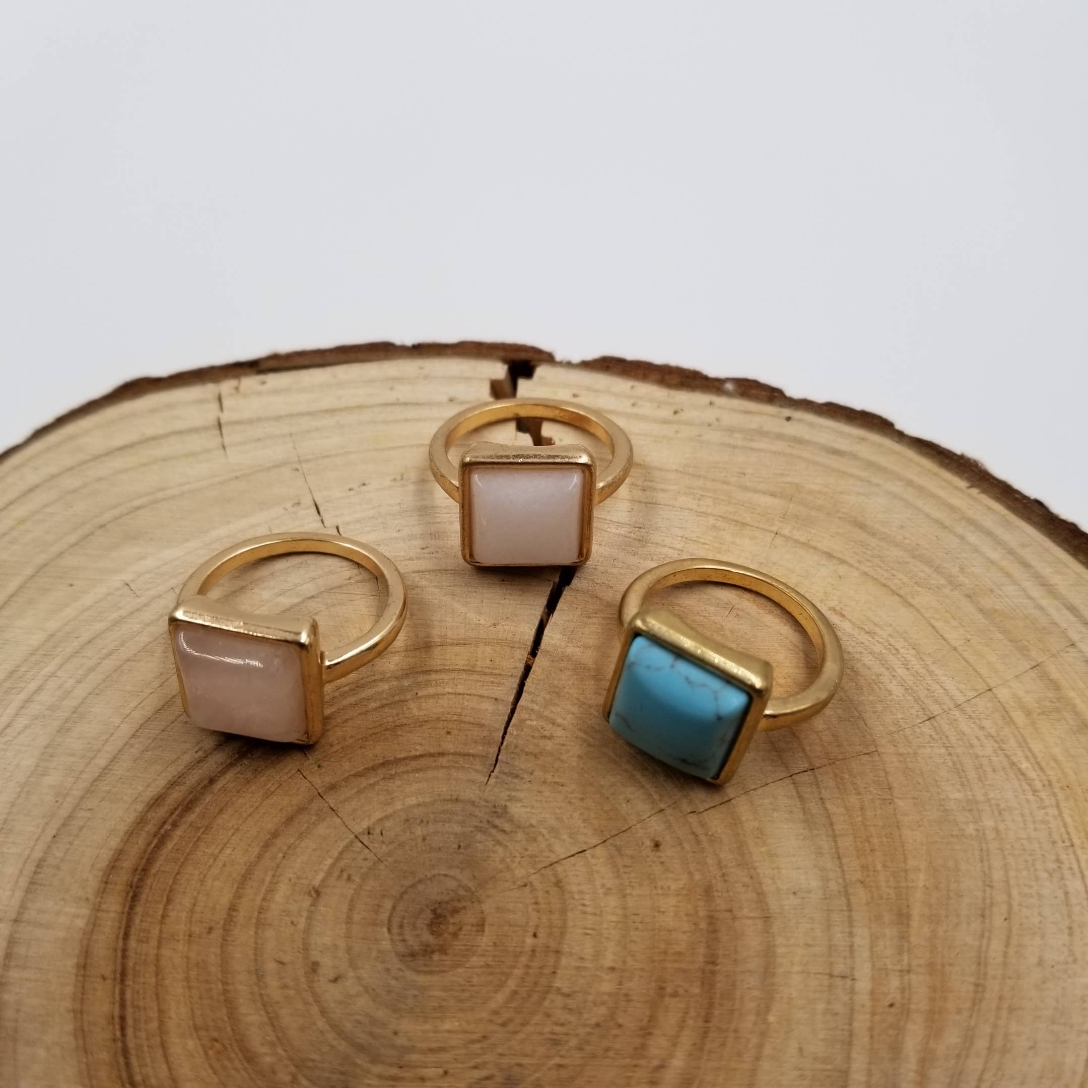 Square Natural Stone Ring: Green