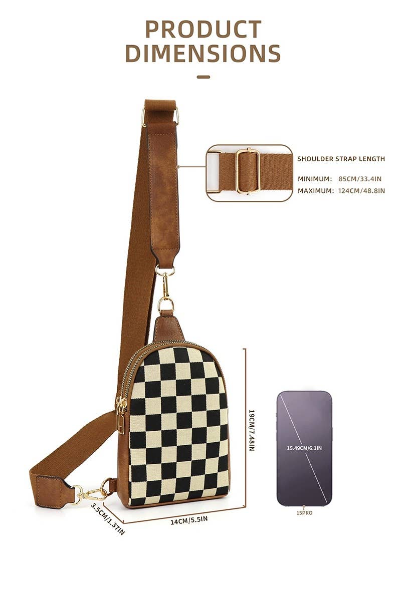 Checkered Crossbody Sling Bag-BLACK, OS