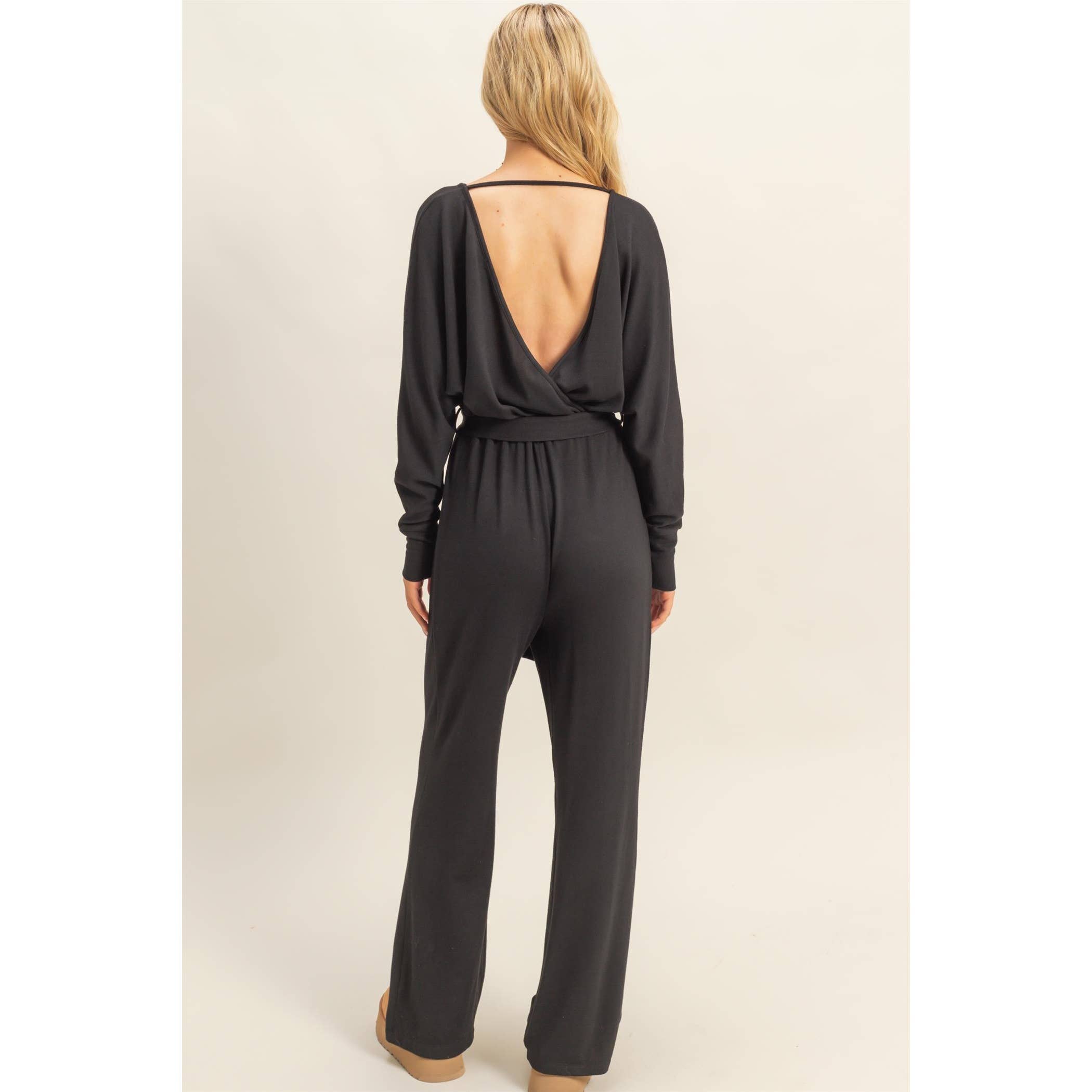 Lightweight Surplice Tie-Belt Knit Jumpsuit: BLACK, S-M-L(2-2-2)