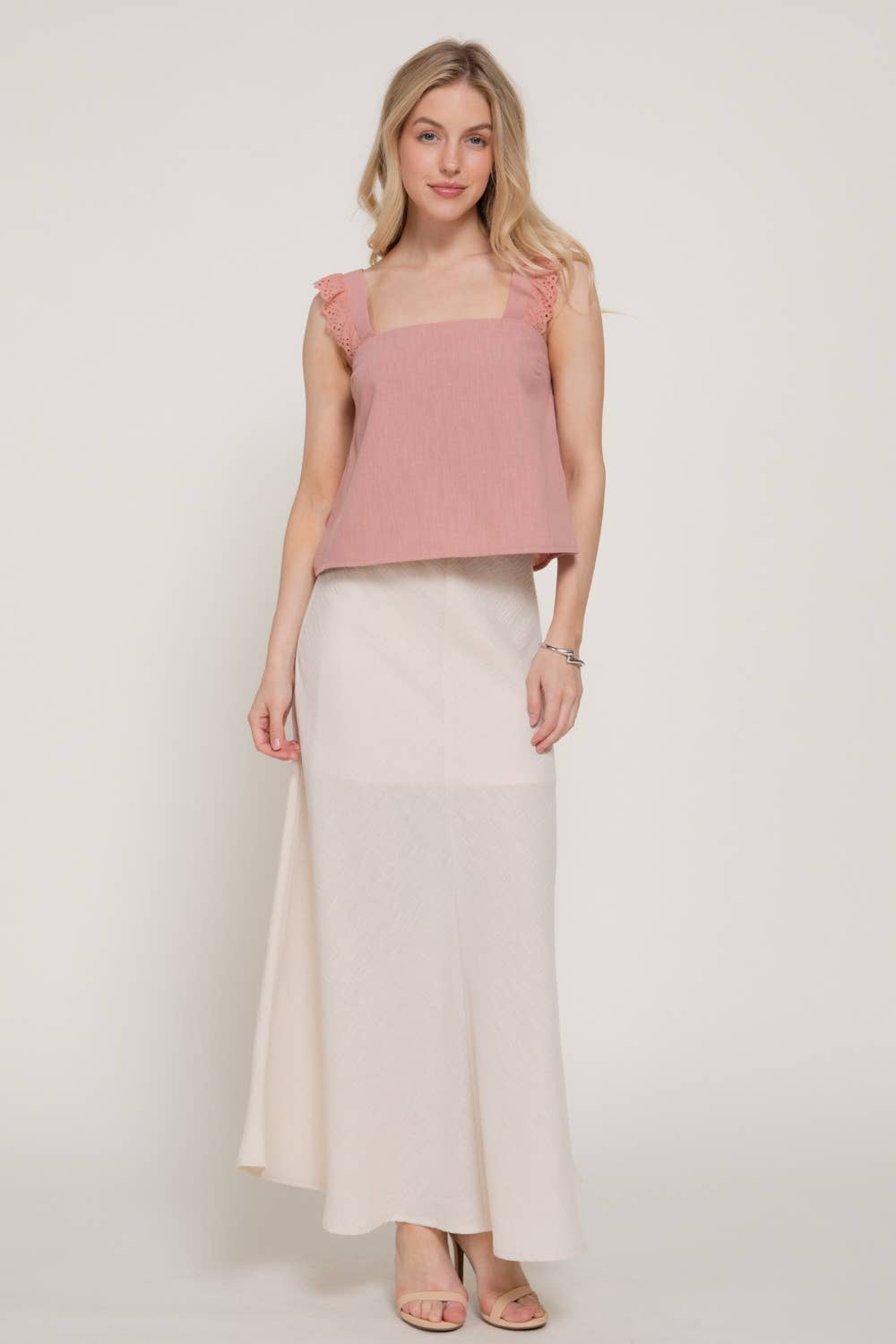 Square Eyelet Ruffle Woven Top: OLV-olive, L