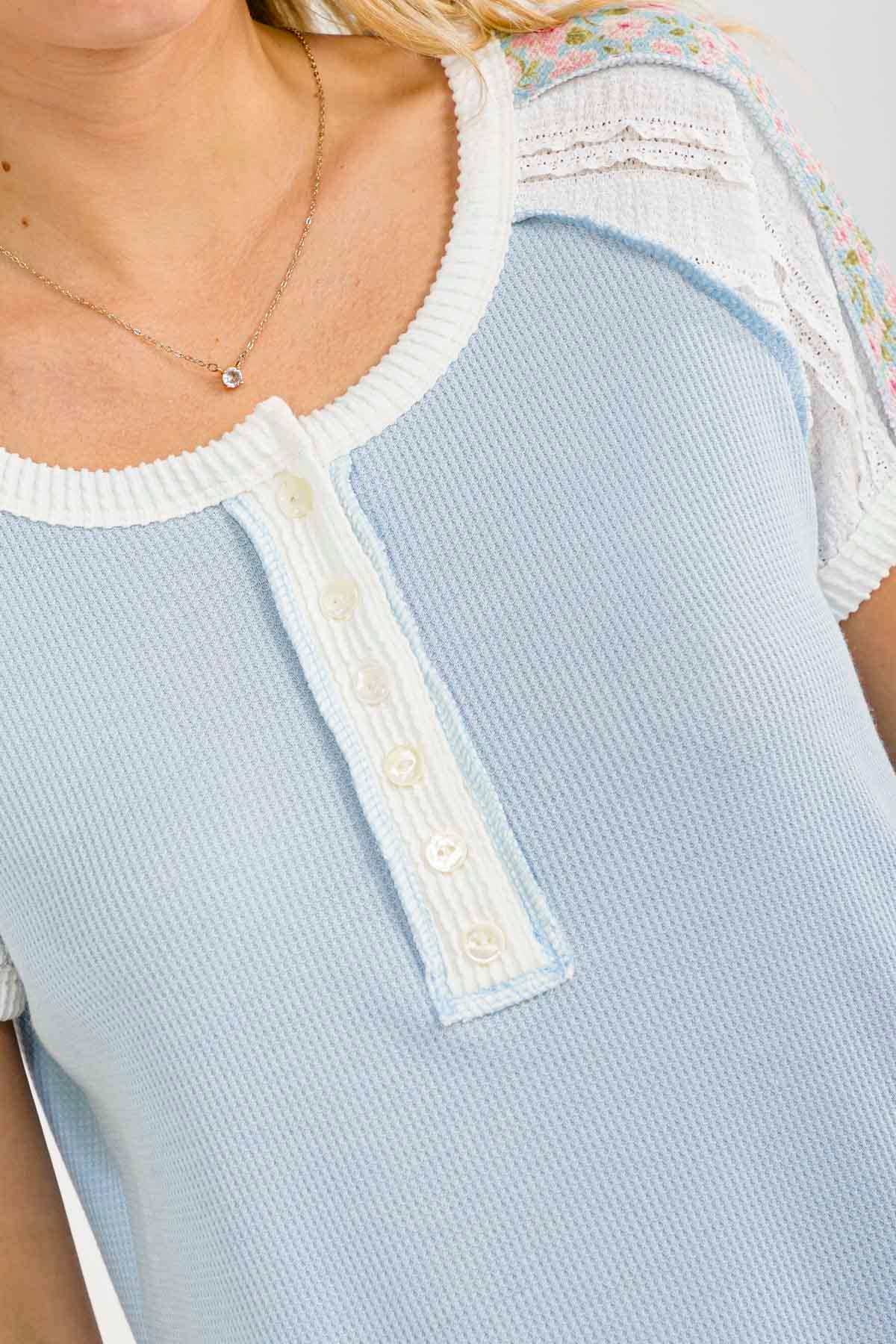 Lace Sleeve Button Front Top: Blue, 3X
