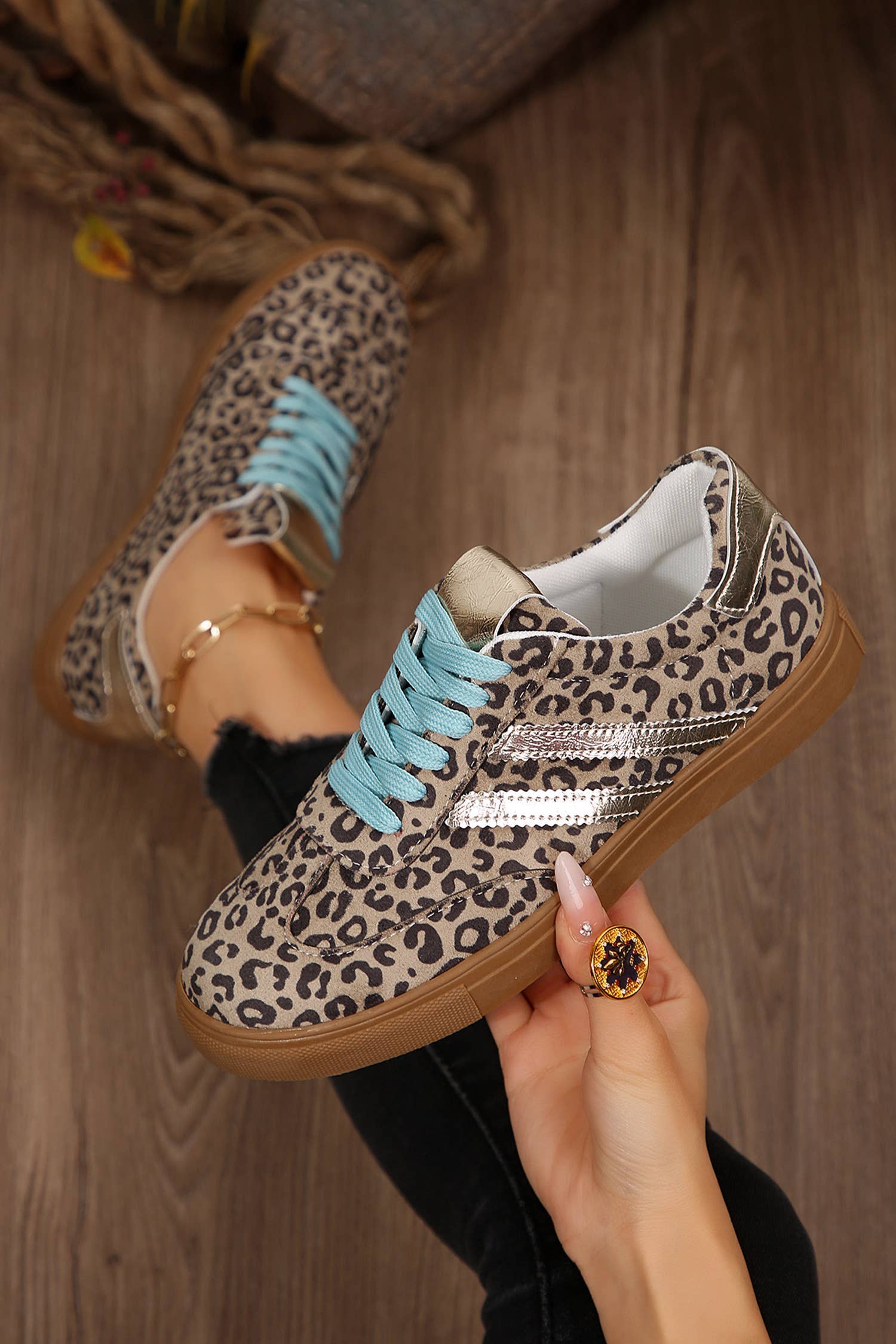 Leopard Print Sleek PU Leather Detail Lace Up Sneakers: Brown, 6