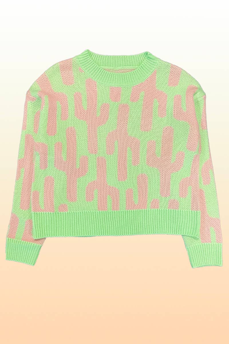 Cropped cactus knit sweater: Green multi, L